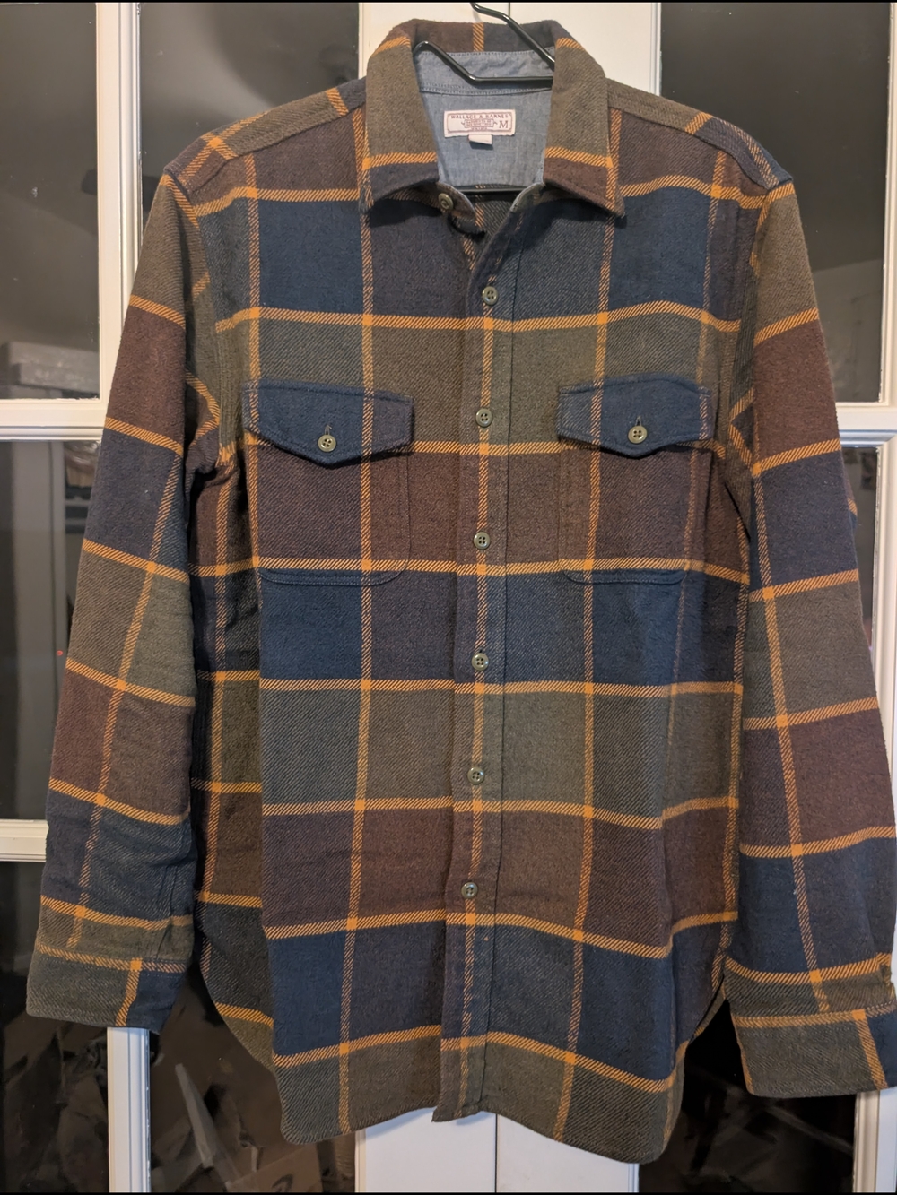 Men's Wallace & Barnes Plaid Button-Up Flannel Shirt in Navy, Olive & Brown Med